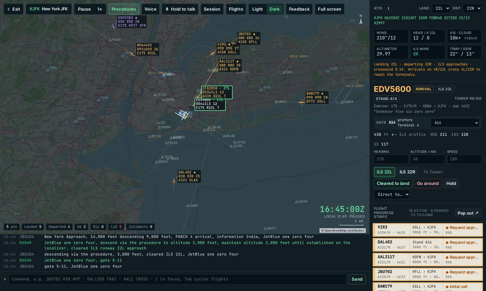 The console in the dark theme, with the approach radar over a dimmed street map
