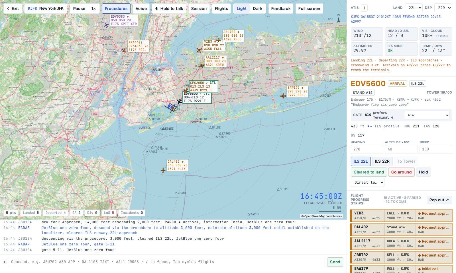 The Clearway console during a session at New York JFK: the approach radar over the OpenStreetMap street map of New York, the selected arrival cleared to land on 22L, and the flight progress strips