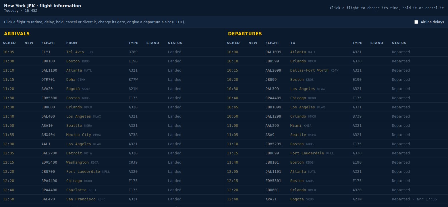 The pop-out flights board listing arrivals and departures with times, stands and status